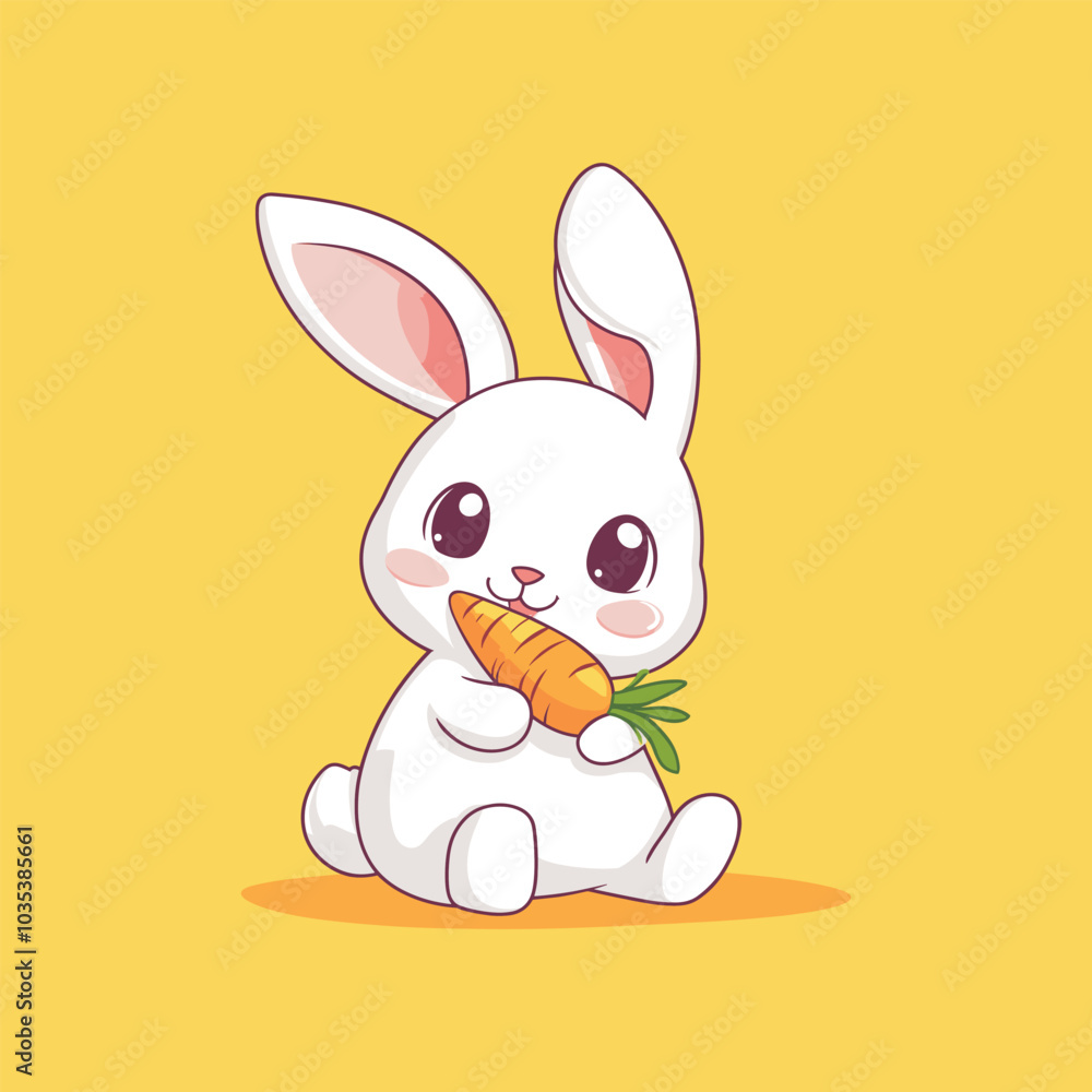 Fototapeta premium Cute Rabbit Baby Pink Carrot Ninja Laptop Rocket Game Illustration Icon Vector Art with color background