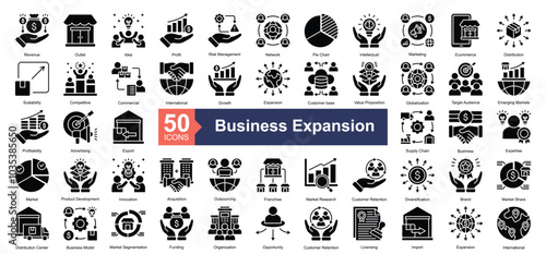 Business Expansion icon collection set. Containing Revenue, Outlet, Idea, Profit, Risk Management, Network, Pie Chart, Intellectual, Marketing icon. Simple Glyph illustration.