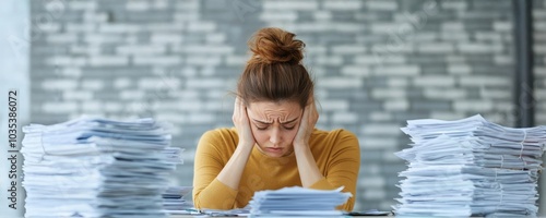 Exhausted female executive at a desk filled with documents, her expression tense, capturing the struggle with work-life imbalance businesswoman, overwork, executive