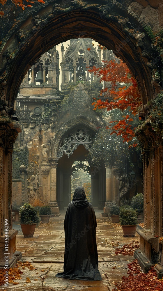 A Cloaked Figure Stands Before a Gothic Chapel A Cloaked Figure Stands Before a Gothic Chapel