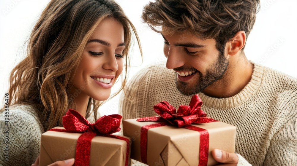 Joyful gift givers sharing the magic of giving presents to loved ones Joyful gift givers sharing the magic of giving presents to loved ones