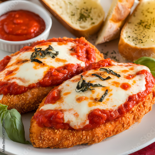 Crispy chicken parmesan topped with marinara sauce and melted cheese, served with garlic bread and fresh basil on a plate.