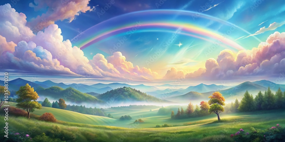 Ethereal Soft Rainbow Pastel Watercolor Landscape with Dreamy Vector Elements for Banner Design Ethereal Soft Rainbow Pastel Watercolor Landscape with Dreamy Vector Elements for Banner Design