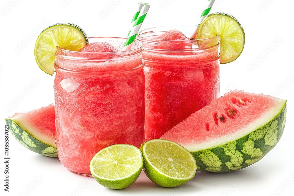 Watermelon slushie drink in mason jar glass with lime slice garnish Watermelon slushie drink in mason jar glass with lime slice garnish