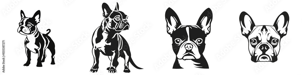 Four stylized dog illustrations on a white isolate background, showcasing different poses and expressions. Four stylized dog illustrations on a white isolate background, showcasing different poses and expressions.