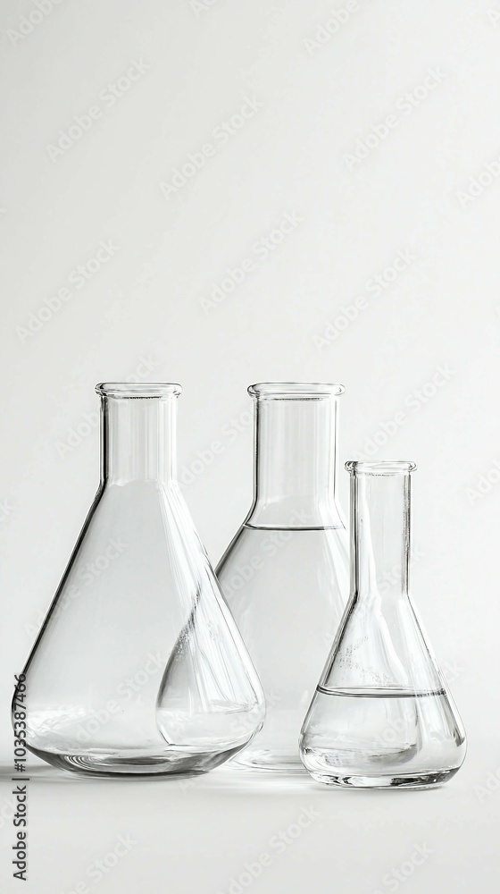 Three Clear Glass Beakers on a White Background Three Clear Glass Beakers on a White Background