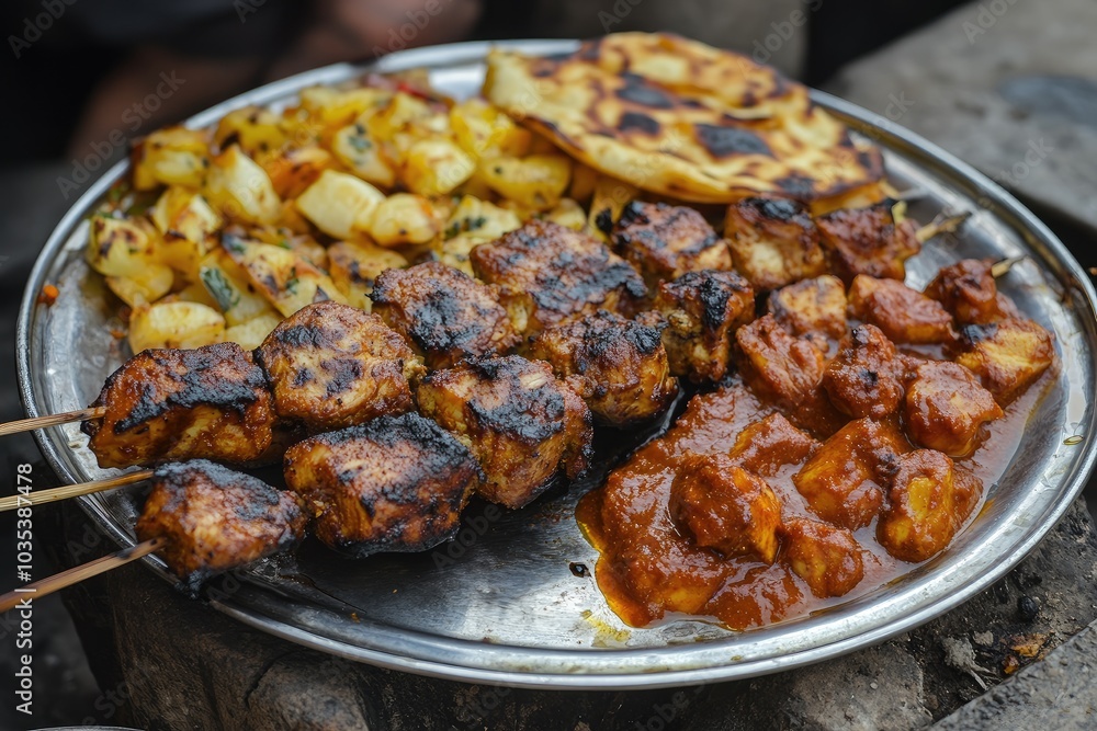 Chicken tikka kebabs with naan bread and roasted potatoes served on a platter Chicken tikka kebabs with naan bread and roasted potatoes served on a platter