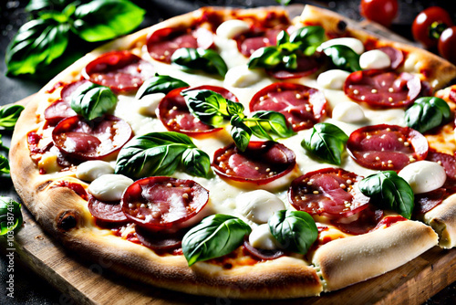 pizza with salami tomatoes and olives