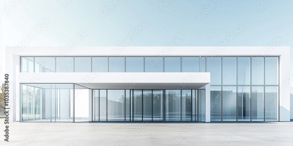 Fototapeta premium Modern minimalist building with glass and steel structures in an open, spacious area under a clear sky, ideal as a background for showcasing products or vehicles. 