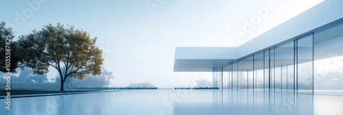 Modern minimalist building with glass and steel structures in an open, spacious area under a clear sky, ideal as a background for showcasing products or vehicles. 