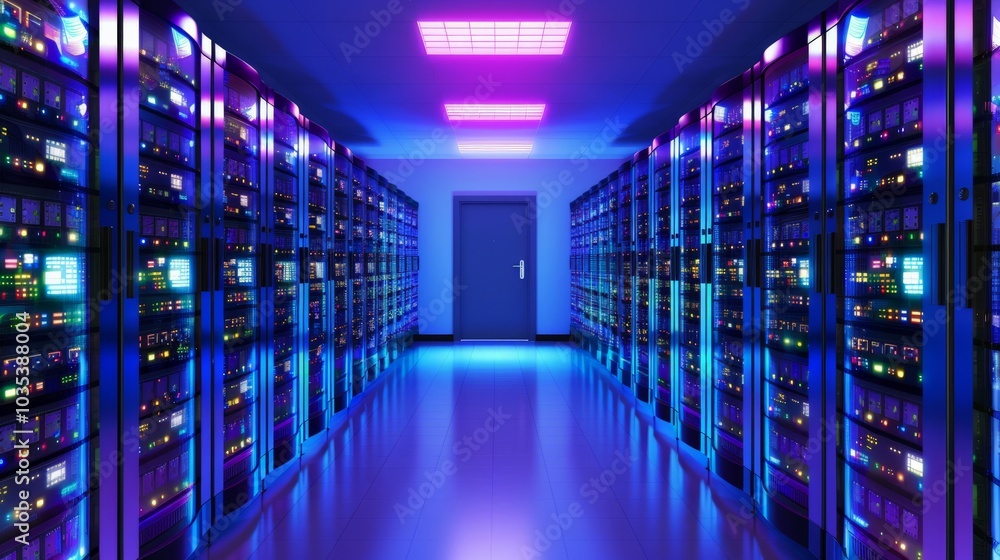 Server room with rows of computers and blinking LED lights Server room with rows of computers and blinking LED lights