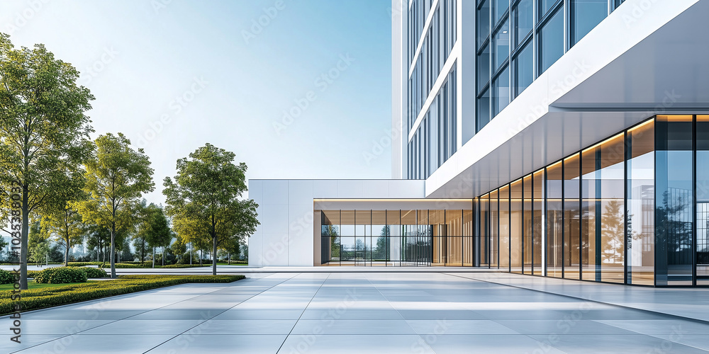 Fototapeta premium Modern minimalist building with glass and steel structures in an open, spacious area under a clear sky, ideal as a background for showcasing products or vehicles. 
