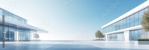 Modern minimalist building with glass and steel structures in an open, spacious area under a clear sky, ideal as a background for showcasing products or vehicles. 
