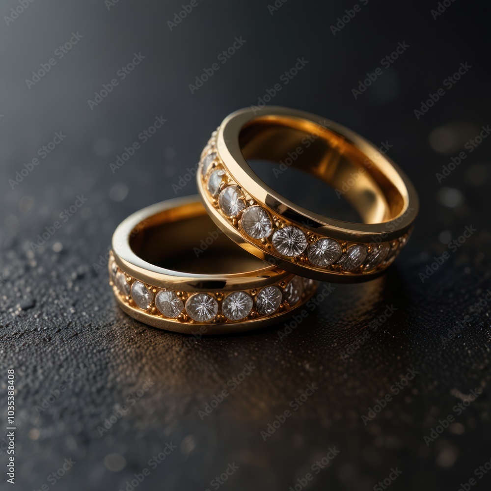 Two gold rings with diamonds on a dark background. Two gold rings with diamonds on a dark background.