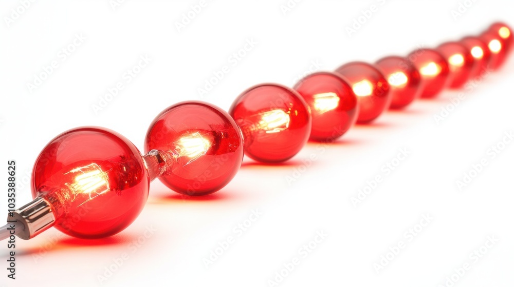 Red Christmas light bulbs glowing brightly, arranged in a gentle curve on a white background Red Christmas light bulbs glowing brightly, arranged in a gentle curve on a white background