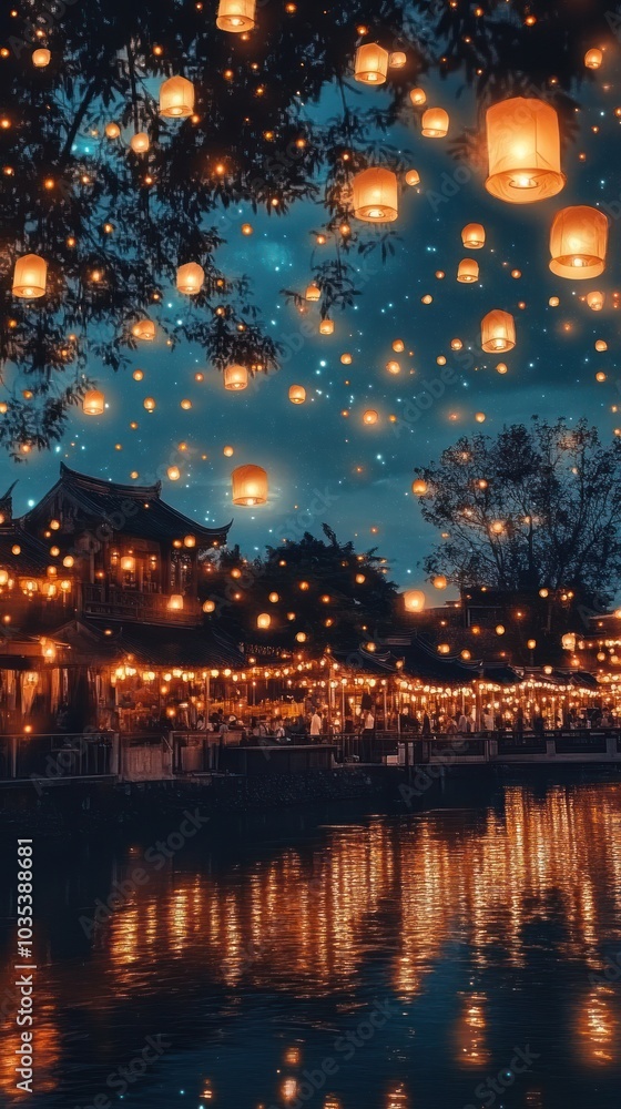 A beautiful lantern festival with glowing lanterns lighting up the night sky, creating a serene and magical atmosphere A beautiful lantern festival with glowing lanterns lighting up the night sky, creating a serene and magical atmosphere