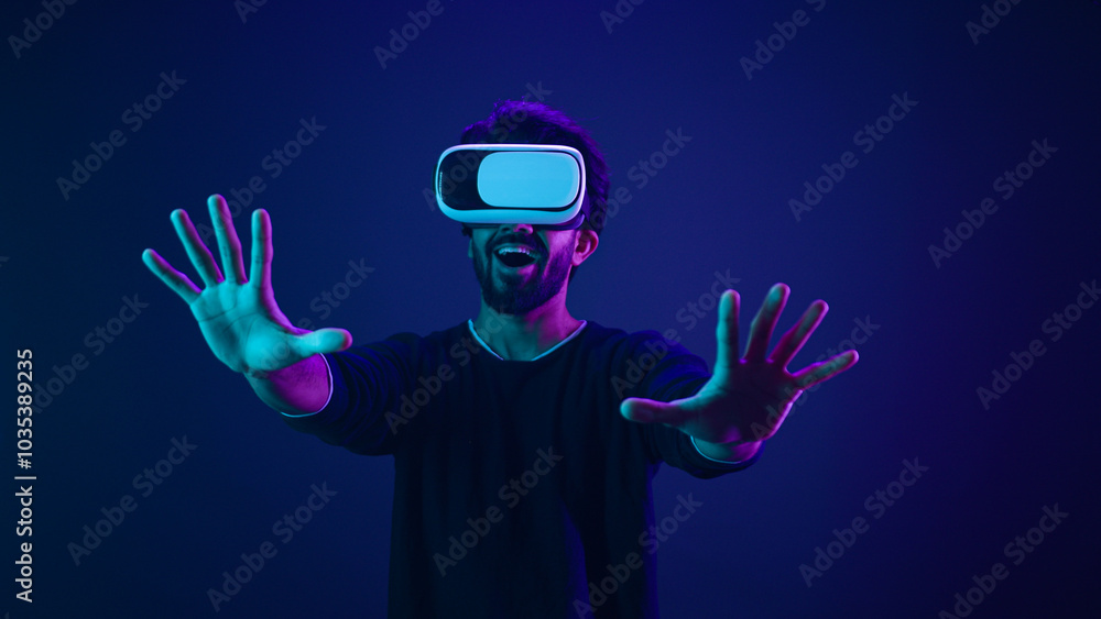 Metaverse virtual reality cyberspace world man play game playing guy meta universe experience digital technology with VR goggles helmet cyber gamer neon ultraviolet futuristic space cyberpunk gaming Metaverse virtual reality cyberspace world man play game playing guy meta universe experience digital technology with VR goggles helmet cyber gamer neon ultraviolet futuristic space cyberpunk gaming