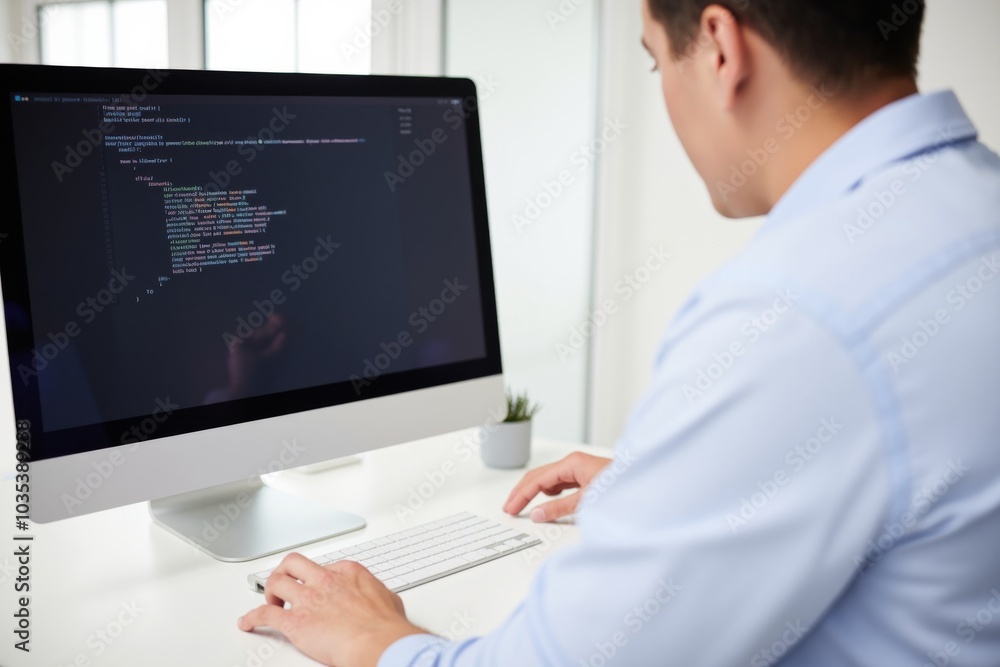 Software developer sitting at desk and typing code on large computer screen in modern office environment Software developer sitting at desk and typing code on large computer screen in modern office environment