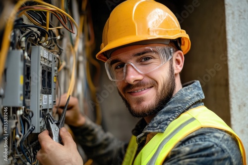 Electrician working on electrical panel smiling at camera