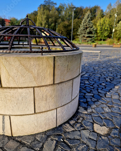 tone round fountain with a protective grid of twisted prisms. forged steel bars go spiraled at the top. around the well there is a retaining wall and a lawn. protection against falling into the depth photo