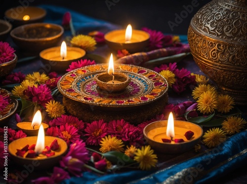 Floating lights and enchanting boat decorations add a magical touch to Diwali’s celebrations on the tranquil water photo