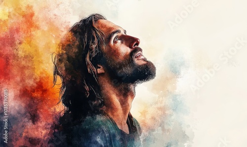 Jesus Christ in worship in front of a watercolor background with copy space, Generative AI