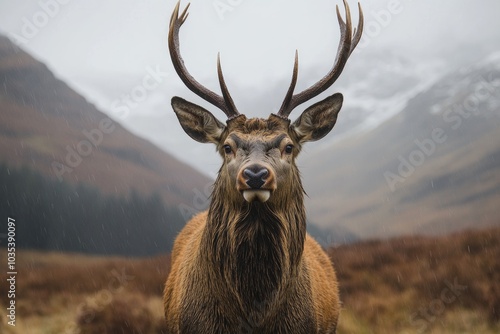 Majestic red deer stag standing in scottish highlands on rainy day photo