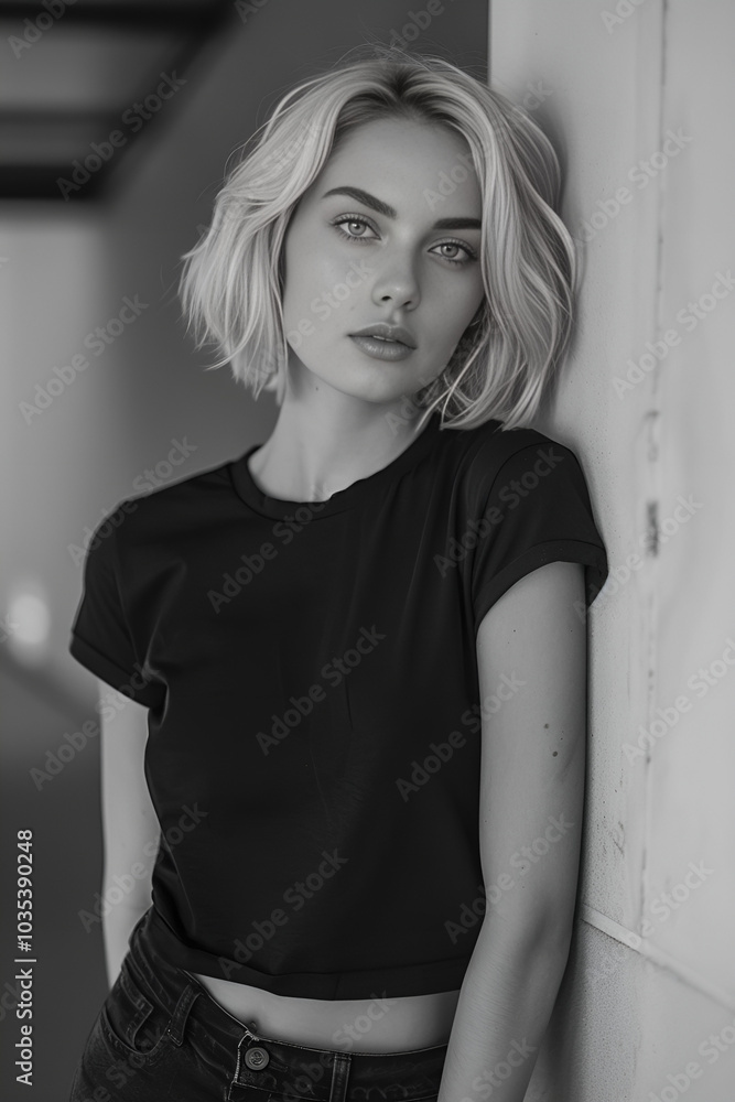 Black-and-white photograph of a blonde woman wearing a black T-shirt, leaning against a wall, Generative AI Black-and-white photograph of a blonde woman wearing a black T-shirt, leaning against a wall, Generative AI