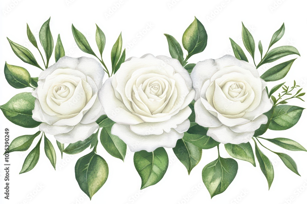 Three elegant white roses with green leaves on a white isolate background. Three elegant white roses with green leaves on a white isolate background.