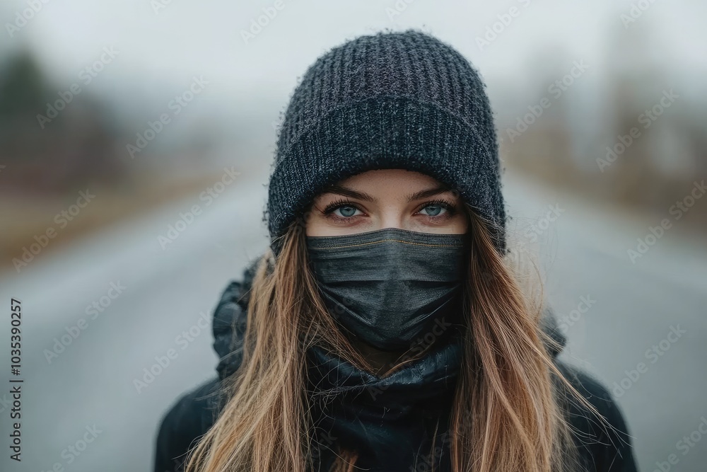 Young woman wearing protective mask standing on a road Young woman wearing protective mask standing on a road