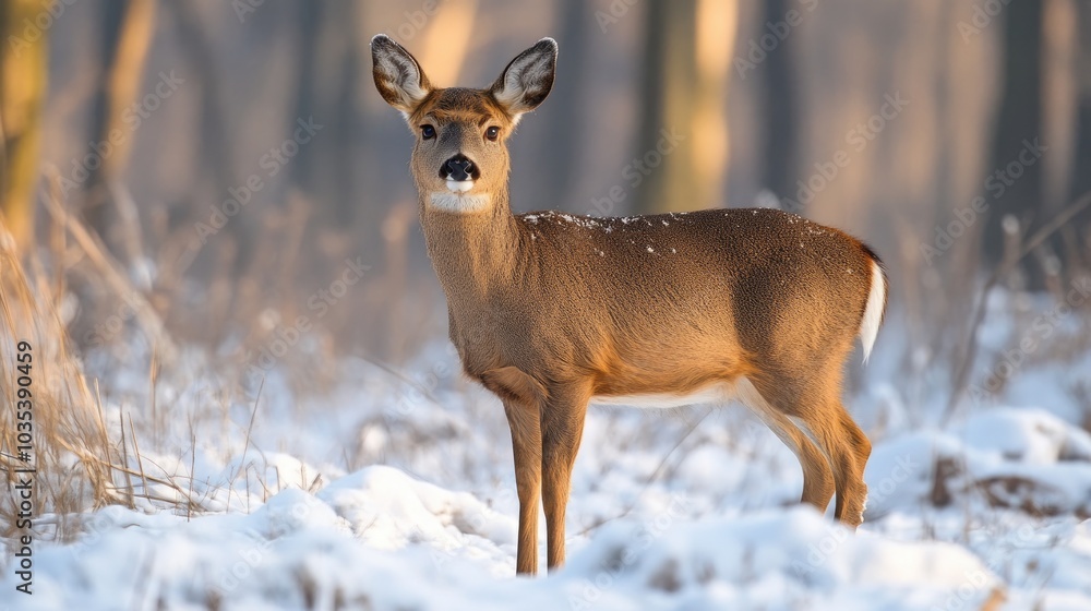 Fototapeta premium Young white-tailed deer standing in the snow on a sunny winter day