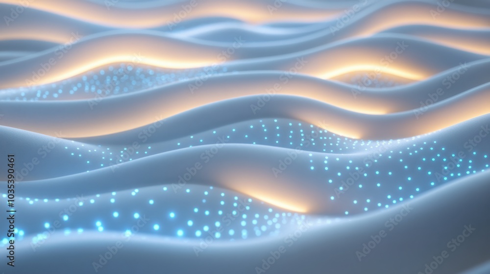 Warm white and blue lights glowing gently, forming a wavy pattern on a white background Warm white and blue lights glowing gently, forming a wavy pattern on a white background