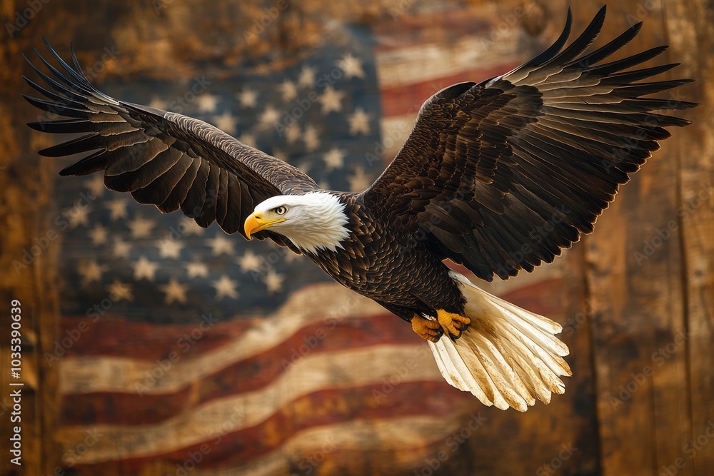 Fototapeta premium Majestic bald eagle soaring with american flag background