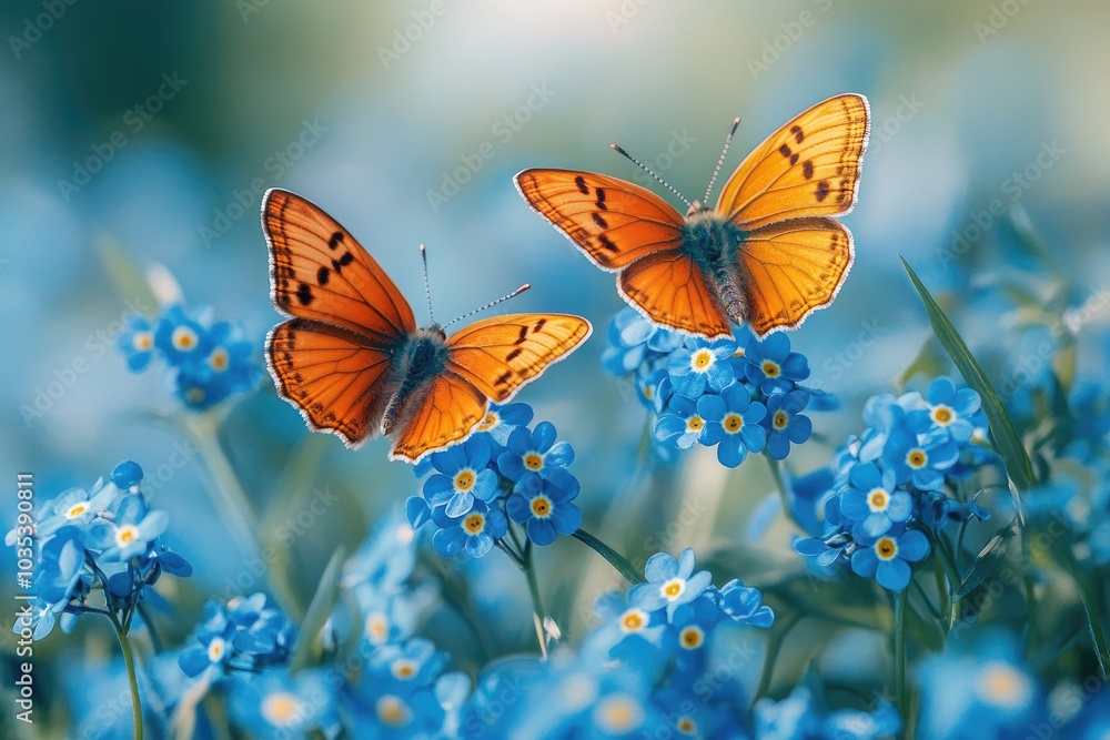Two monarch butterflies pollinating blue forget-me-not flowers Two monarch butterflies pollinating blue forget-me-not flowers