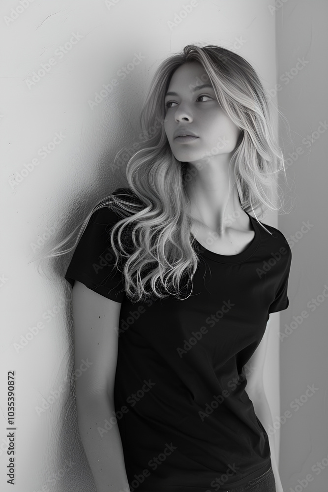 Naklejka premium Black-and-white photograph of a blonde woman wearing a black T-shirt, leaning against a wall, Generative AI