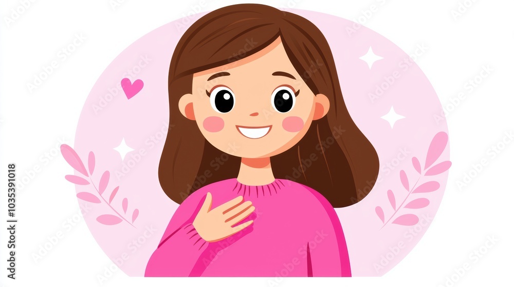 Cheerful Young Woman Smiling in Pink Dress Cartoon Character Cheerful Young Woman Smiling in Pink Dress Cartoon Character