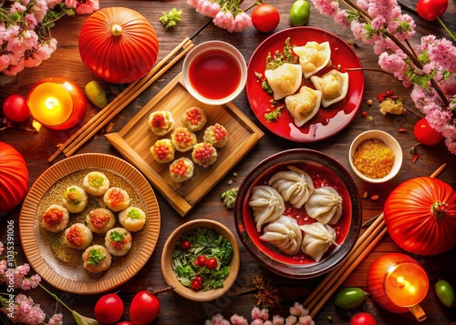 Festive Chinese New Year Food Background for Greetings and Invitations