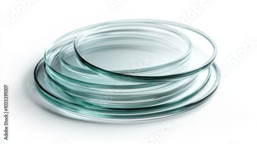 Circular glass discs in different sizes, stacked neatly, isolated on white background