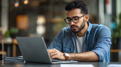 Man with beard using laptop in a cafe