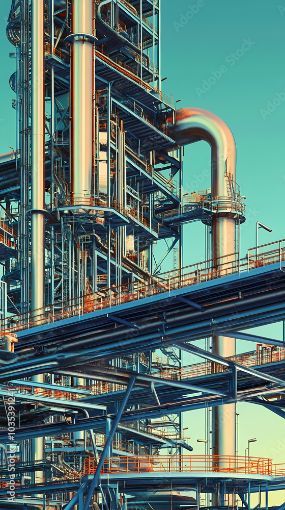 Fototapeta premium A horizontal banner with units for the oil industry. A 3D illustration of an architecture building based on imagination