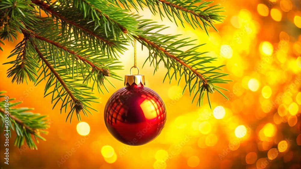 Festive Christmas Ornament on Pine Branch with Warm Glow for Holiday Cards Festive Christmas Ornament on Pine Branch with Warm Glow for Holiday Cards