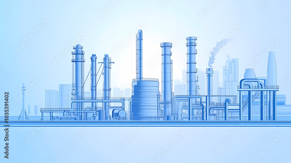 A horizontal banner with units for the oil industry. A 3D illustration of an architecture building based on imagination A horizontal banner with units for the oil industry. A 3D illustration of an architecture building based on imagination
