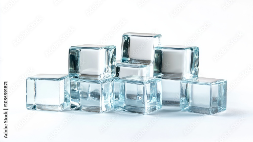 Glass cubes arranged in a neat stack, transparent and reflecting light, isolated on white background Glass cubes arranged in a neat stack, transparent and reflecting light, isolated on white background