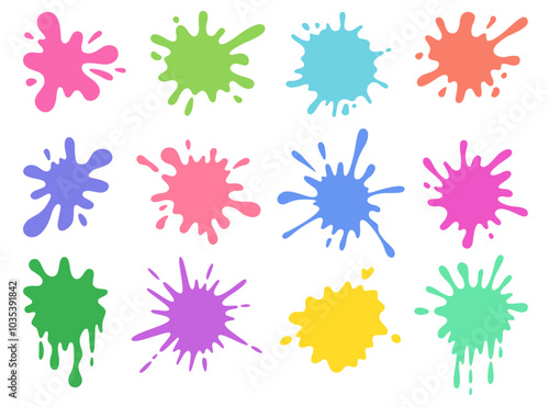 Splatters with different shapes and colours. Abstract stains and splashes. Various blots collection. Vector illustration in flat style on white background.
