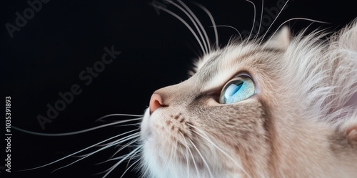 Adorable blue-eyed kitten face close up on black background with space for copying