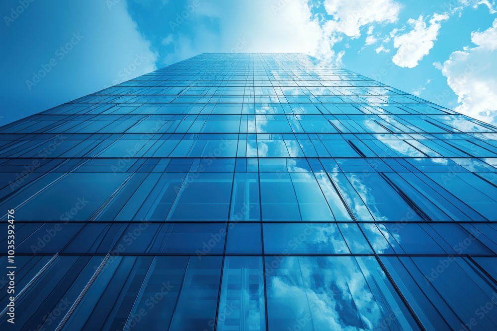 Modern glass architecture reaching for the sky under blue skies Modern glass architecture reaching for the sky under blue skies