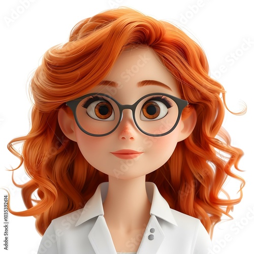 3d avatar of a young girl with red hair and glasses on a white background.