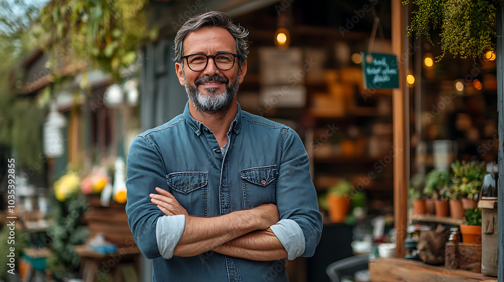 A man with a beard and glasses stands in front of a flower shop A man with a beard and glasses stands in front of a flower shop