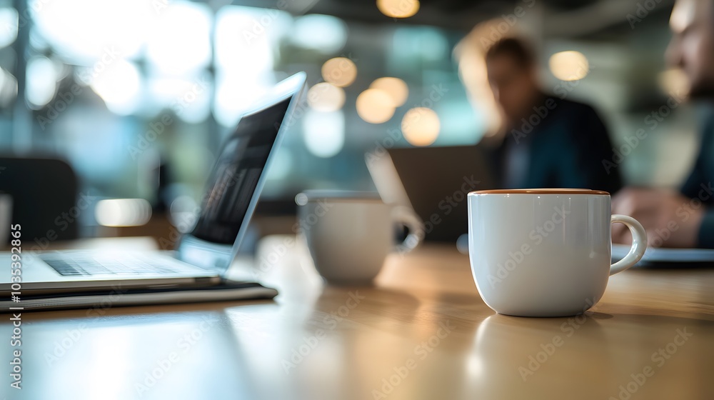 Coffee Cup on a Wooden Table with a Laptop and a Blurred Background Coffee Cup on a Wooden Table with a Laptop and a Blurred Background