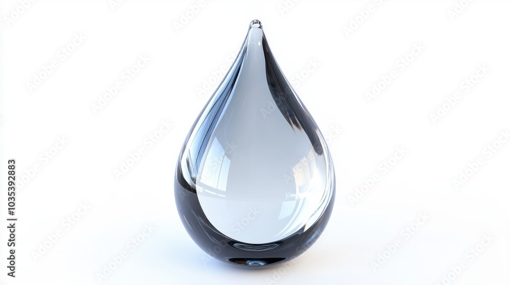 Fototapeta premium Glass teardrop shape, smooth and glossy, standing upright, isolated on white background